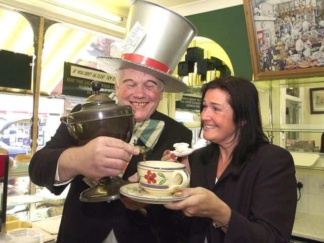 Cake Box's Douglas Parratt pours customer Marilyn Walker, of Bennetthorpe, a cuppa......The shop in Copley Road, Doncaster, was celebrating National Tea Week in 2001