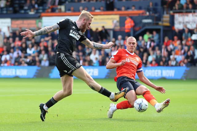 Sheffield United striker Oli McBurnie in action against this weekend's opponents Luton Town earlier this season: Simon Bellis / Sportimage