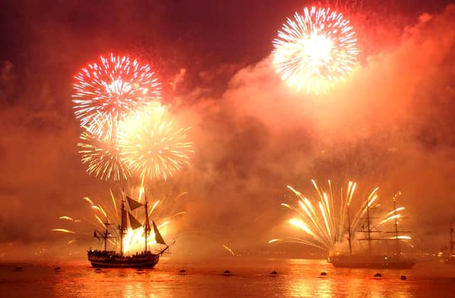 HMS Victory, played by the The Grand Turk, takes centre stage during a firework display which illuminated a re-enactment of the Battle of Trafalgar in the Solent, Tuesday June 28, 2005. The re-enactment acted as a finale to the Royal Fleet Review. See PA story SEA Trafalgar. PRESS ASSOCIATION Photo. Photo credit should read: Chris Young/PA