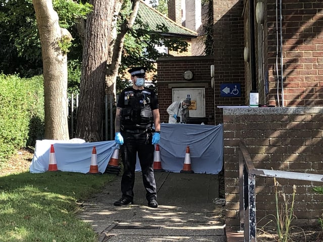 Police in Cosham after an area by the library was cordoned off this morning.
