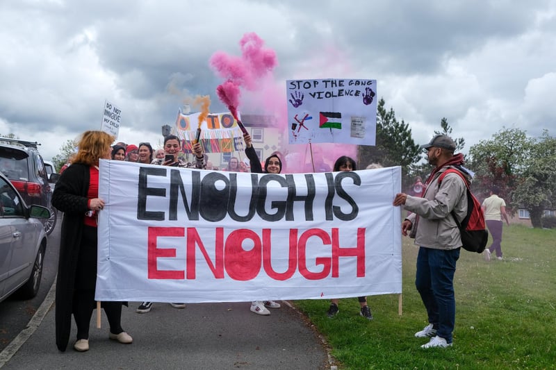 The slogan for the protest was 'enough is enough' and referenced the number of young people who have died due to gang violence in Sheffield.