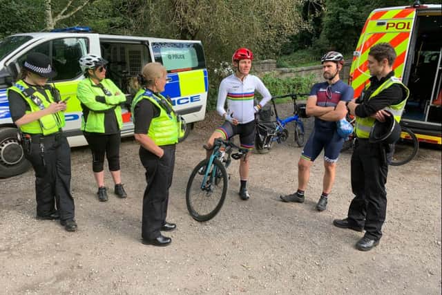 Dame Sarah Storey, Insp Kevin Smith, in cycling gear, and Sheffield North West Neighbourhood Team.