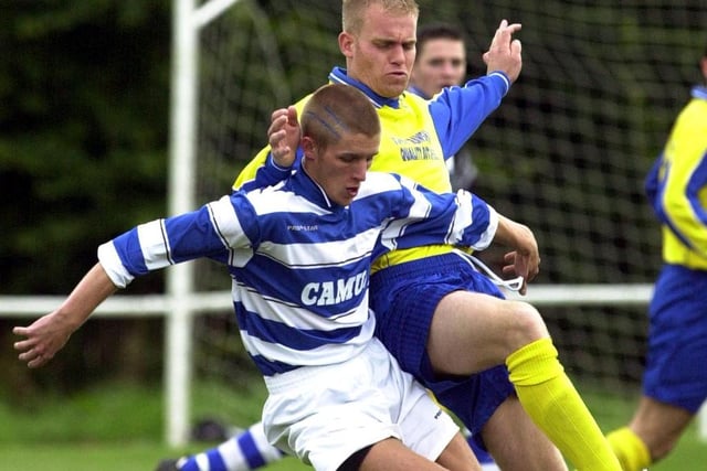 Hallam FC v Stocksbridge Park Steels FA Cup....Steels Chad Colley tackles Hallam's Brad Hill in 2002