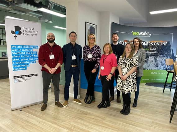 Patrons and Chamber Team at Marketing Meets (L-R) Alex Myers (The SEO Works), Alex Hill (The SEO Works), Melinda Schofield (Bauer), Jane Whitham (Altitude), Danny Johnson (Sheffield Chamber), Rachel Measures (Altitude) and Emma-Jane Wright (Sheffield Chamber). 