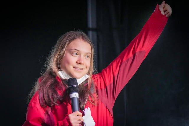 Climate activist Greta Thunberg speaks at a the Fridays For Future climate rally.