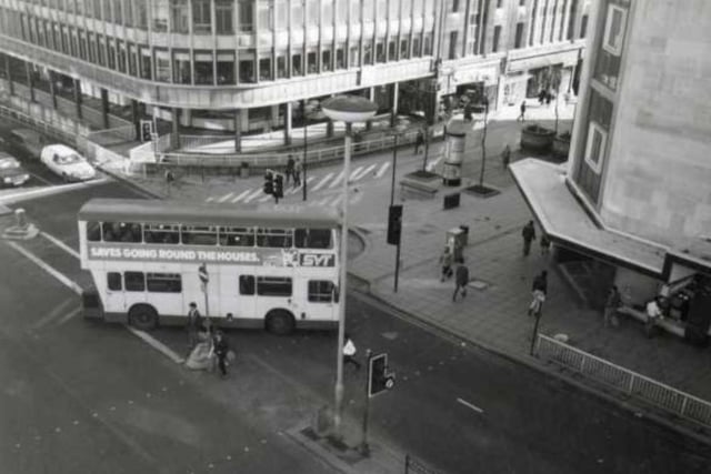 Debenhams (right), at the top of The Moor, where it meets Furnival Gate, in Sheffield city centre, in 1986