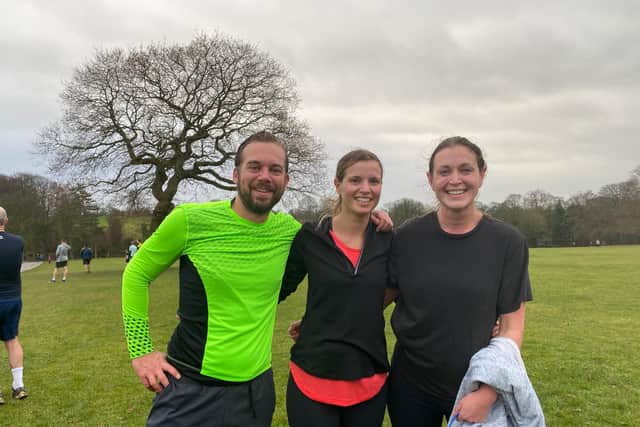 Graves Park parkun. Neil Campbell (left) and Jo Thompson (centre) have just moved back to Sheffield from London and have run over 150 parkruns. On the right is Jo's sister, Jill Kenny, who is also an avid runner.