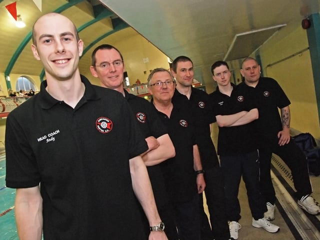 Doncaster Dartes Swimming Club training session at St James baths, pictured l-r, Andy Wallace, Jeff Squires, Dereck Fretwell, Dave Cuthbert, Kevin Nicholas, Neil Stephenson, the coaching team