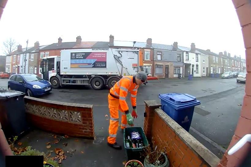 Caught on Ring Doorbell: Moment bin man misses Christmas treat - and dumps it in lorry by mistake