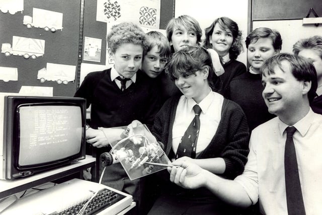 This was the face of classroom computers in the 80s. The picture shows youngsters enjoying a lesson in the Design and Technology Department at a South Yorkshire school in November, 1987