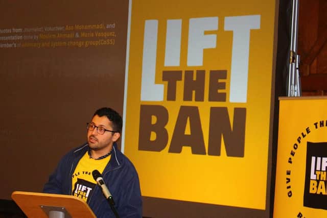 Asylum seeker Issam Garhiba speaks at the  launch the Lift the Ban Coalition campaign at Sheffield Town Hall. Picture: Lift the Ban