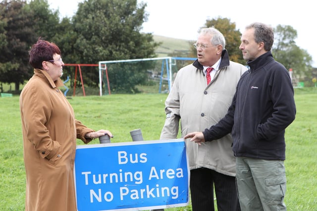 In 2012 borough councillor Linda Baldry and county councillor Robin Baldry discuss the bus turning area on Brown Edge Road with Robert Harrison, chairman of the new residents group