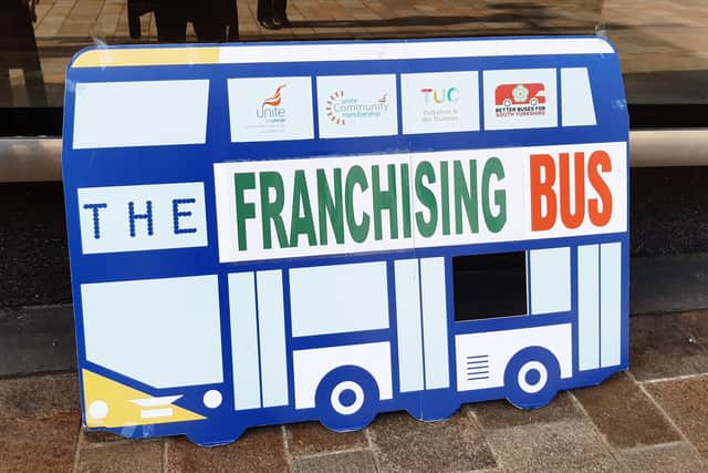 The Franchising Bus on South Yorkshire Better Buses campaign stall on The Moor in Sheffield, Thursday March 24, 2022. The campaign is calling for swift action by the new Mayor of South Yorkshire on franchising buses to take them under increased public control