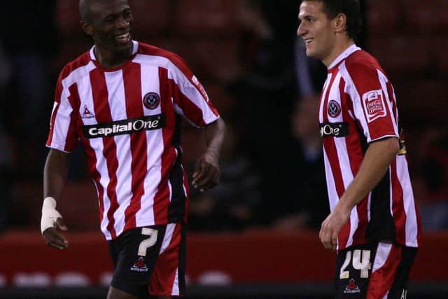 Luton Shelton, left, with current Blades skipper Billy Sharp