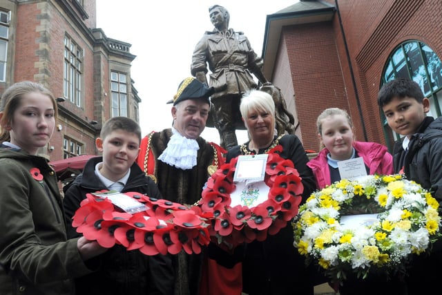 An Anzac Day tribute 7 years ago and Forest View pupils Emily Riley, left, and Kieran Roberts, second left, joined Mayor and Mayoress Ernest Gibson and Patricia Ridley as well as students from other schools to mark the occasion.