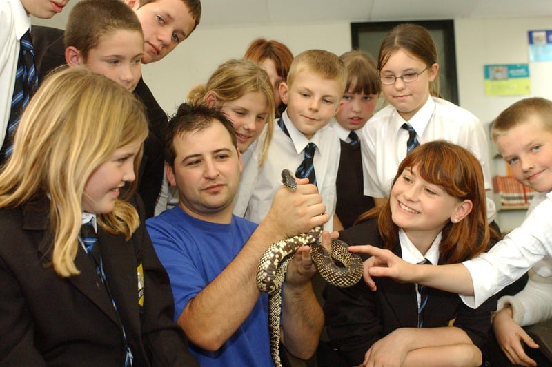Martyn Pinto from Zoolab brought along a special guests for the pupils at Boldon Comprehensive School to meet in 2004 and this pepper snake seems to have been a huge hit.
