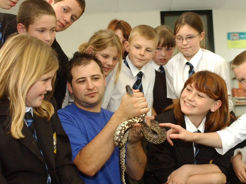 Martyn Pinto from Zoolab brought along a special guests for the pupils at Boldon Comprehensive School to meet in 2004 and this pepper snake seems to have been a huge hit.