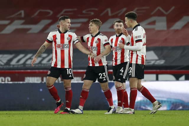 Sheffield United's players celebrate their win over Newcastle following the final whistle at Bramall Lane: Darren Staples/Sportimage