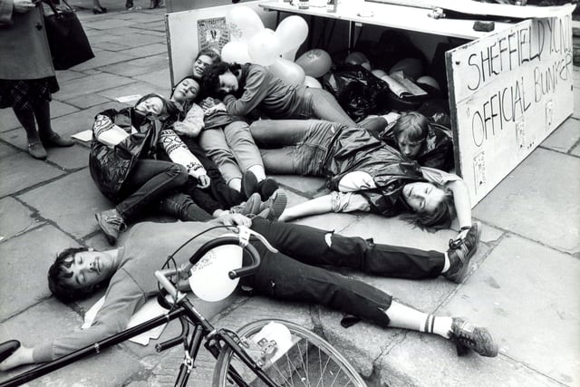 Sheffield Youth CND protesters pictured with their 'nuclear shelter' on Fargate, Sheffield, in April 1984