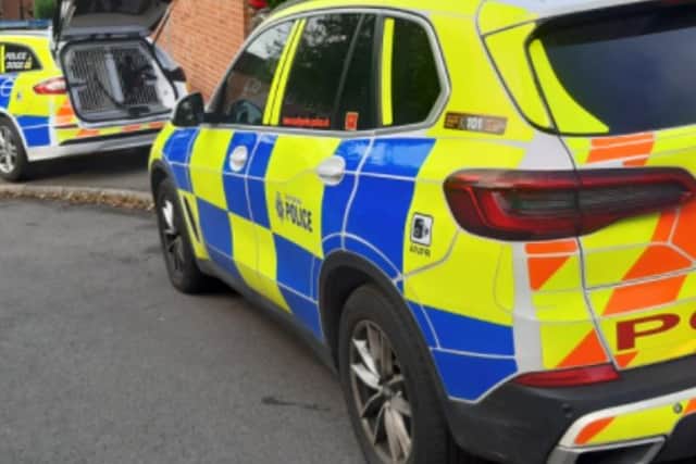 A gang shattered a glass door with a pitchfork to break into a Sheffield village store in the early hours of the morning, say police. File picture shows police cars
