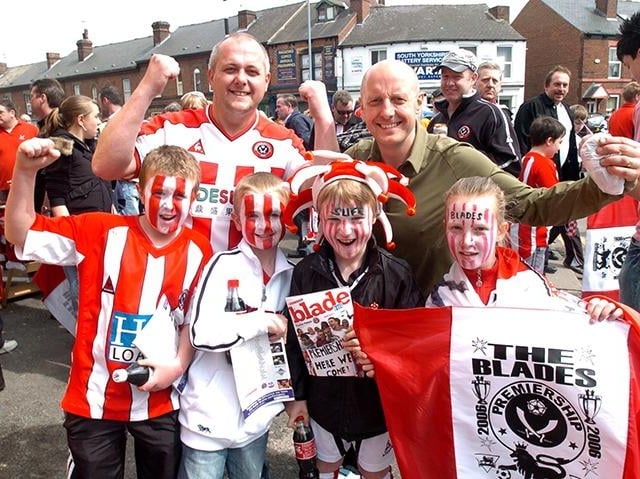Sheffield United fans, front, from left, Joe and Tom Glossop, Red Johnson and Georgia Sikora, and back row are, John Sikora and Henry Sikora, on April 30, 2006