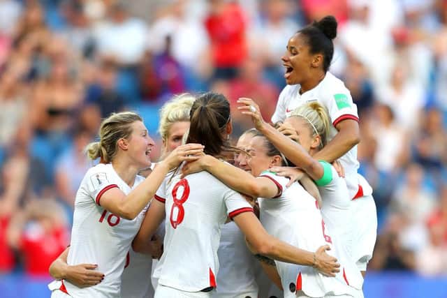 LE HAVRE, FRANCE - JUNE 27:  Jill Scott of England celebrates with teammates after scoring her team's first goal during the 2019 FIFA Women's World Cup France Quarter Final match between Norway and England at Stade Oceane on June 27, 2019 in Le Havre, France. (Photo by Richard Heathcote/Getty Images)