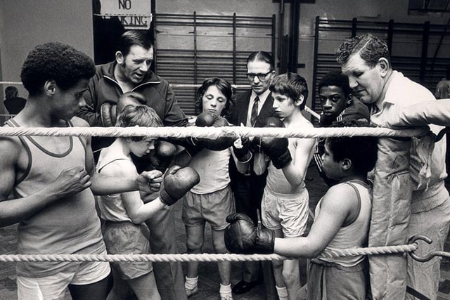 Hillsborough Boys Club boxers with Ronald Crookes, left, Freddie Smith, centre, and Henry Hall on the right, April 23, 1975