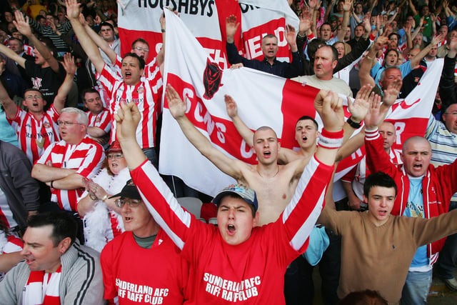 Sunderland fans celebrate during the Coca-Cola Championship match between Luton Town and Sunderland at Kenilworth Road.