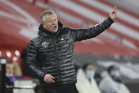 Sheffield United's manager Chris Wilder gestures during the English Premier League match between Sheffield United and Everton. (Nick Potts/Pool via AP)