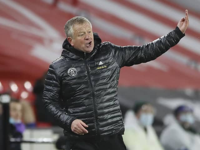 Sheffield United's manager Chris Wilder gestures during the English Premier League match between Sheffield United and Everton. (Nick Potts/Pool via AP)