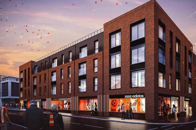 Plans for 45 apartments above a new Sheffield United club shop at the corner of Shoreham Street and Cherry Street were approved in 2017 (pic: Sheffield United/Whittam Cox Architects)