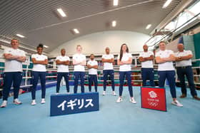 From Left to Right - Rob McCracken, Caroline Dubois, Cheavon Clarke, Charley Davison, Halal Yafai, Ben Whittaker, Karriss Artingstall, Frazer Clarke, Lauren Price and Mike Hay
of Great Britain pose for a photo to mark the official announcement of the boxing team selected to Team GB for the Tokyo 2020 Olympic Games at GB Boxing English Institute of Sport on June 23, 2021 in Sheffield, England. (Photo by Barrington Coombs/Getty Images for British Olympic Association)