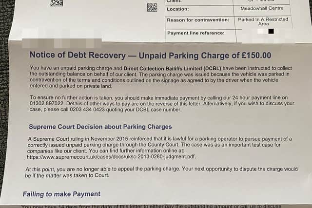 One of the letters sent to staff at Meadowhall demanding payment for parking fines issued in 2017