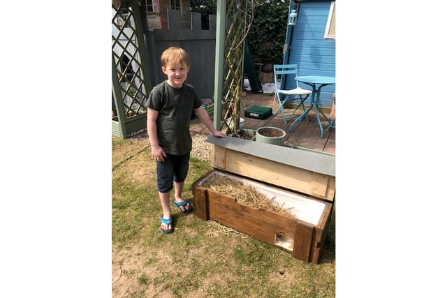Diane Dampman sent in this picture of Reuben, aged five, from Portchester, who helped build this hedgehog house during lockdown. The very next day a hedgehog moved in.