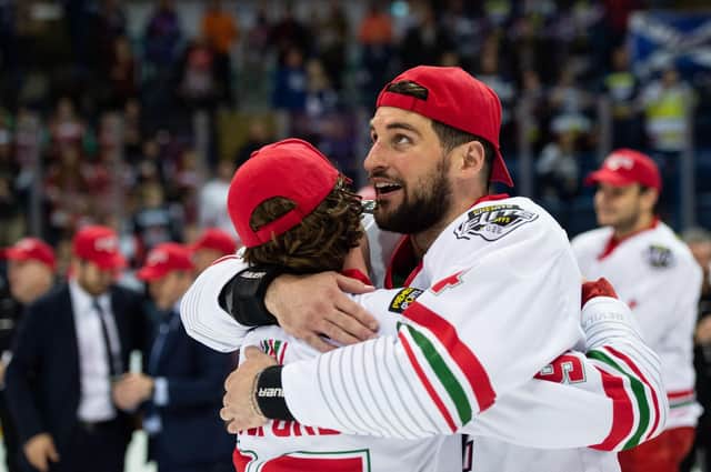 Brandon McNally wins the play offs with Cardiff Devils. Picture: James Assinder/Cardiff Devils