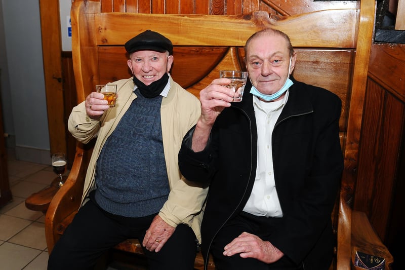 Cheers! Enjoying a pint at The Scotia Bar - Jim Skelton and John Newton (Pic: Michael Gillen)
