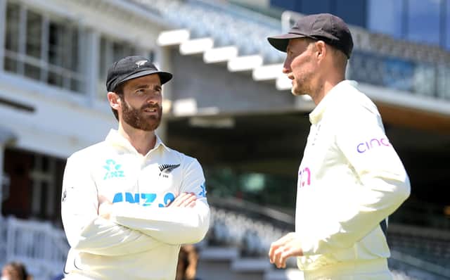 England captain Joe Root speaks to New Zealand captain Kane Williamson - a former teammate at Yorkshire - at Lord's. (Photo by Gareth Copley/Getty Images)