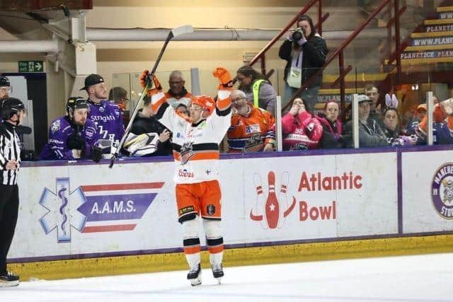 Niklas Nevalainen's moment of glory at Manchester. Picture: Manchester Storm