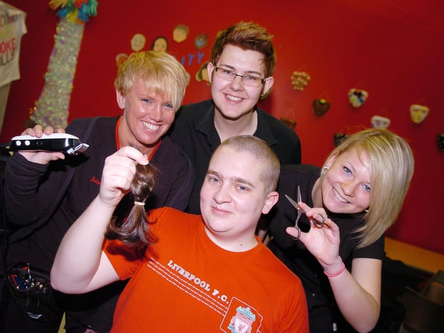 Doncaster College students Luke Bentley, 23, of Balby, along with Jonathon Bates and Matthew Allsop, had their heads shaved to raise money for Cancer Research in 2011. Luke is pictured here with level 3 hairdressing students Julianne O'Hara, Nathan Page and Baiba Smite.