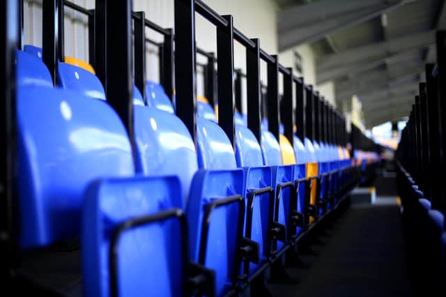 WIMBLEDON, ENGLAND - APRIL 05: A detailed view of safe standing seats inside the stadium prior to the Sky Bet League One match between AFC Wimbledon and Fleetwood Town at Plough Lane on April 05, 2021 in Wimbledon, England. Sporting stadiums around the UK remain under strict restrictions due to the Coronavirus Pandemic as Government social distancing laws prohibit fans inside venues resulting in games being played behind closed doors.  (Photo by James Chance/Getty Images)