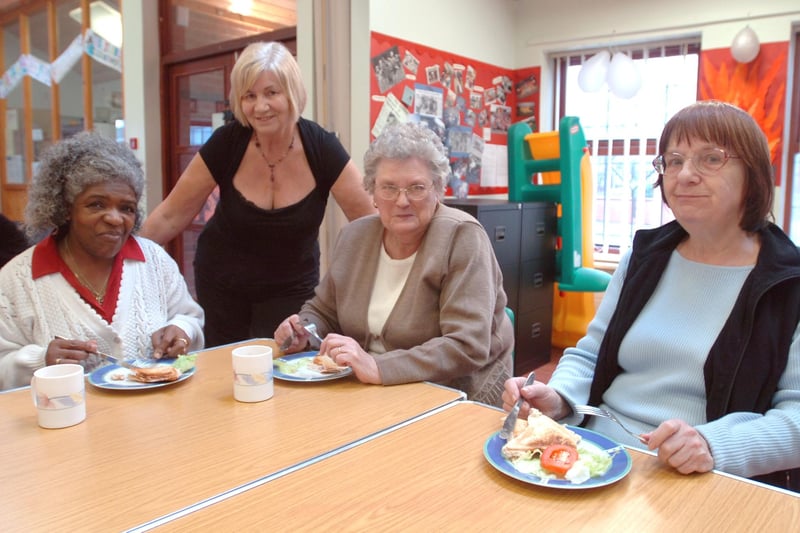 The Flower Estate Community  Association  building on Bracken Road which is celebrating it's 25th Anniversary in 2007. Pictured were members of the over 50's club Lilies Brissett, Mary Allen and Arleen Wright  are joined by  June Smith (rear) for lunch