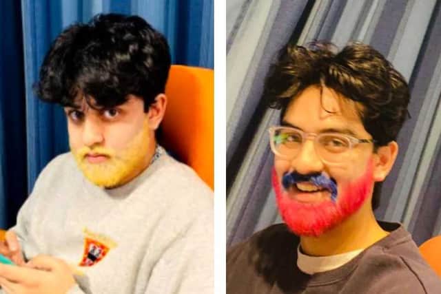 Karan before dyeing his beard (left) and after dyeing his beard (right).