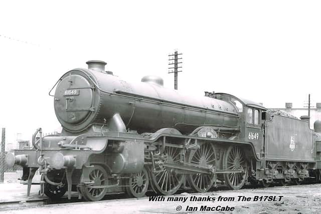 B17 locomotive number 61649 Sheffield United. Note the ball and the stripes under the nameplate, which were painted red and white in United’s colours. With many thanks from The B17SLT, copyright Ian McCabe