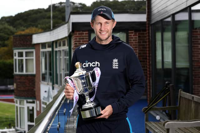 Joe Root poses with his PCA Men's Player of the Year award at his home club, Sheffield Collegiate (Jan Kruger/Getty Images for PCA)