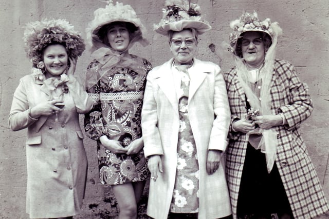Easter Bonnet Contestants, Meadow Street Hotel 1972 left to right Esther, Carole Froggatt, Millie and Clara