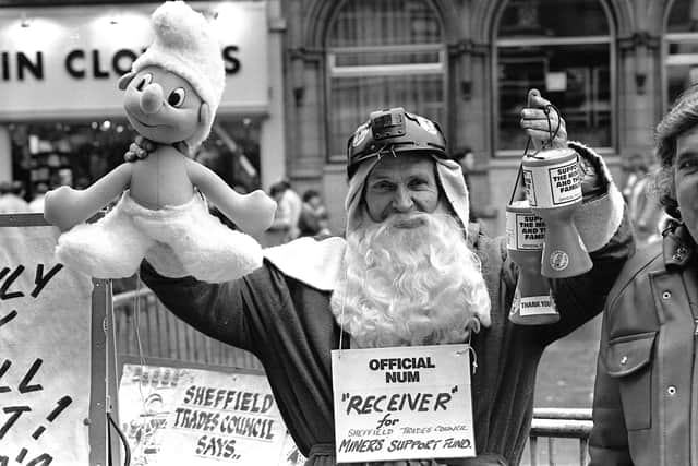 Father Christmas Percy Riley collecting in Fargate for the miners in December 1984