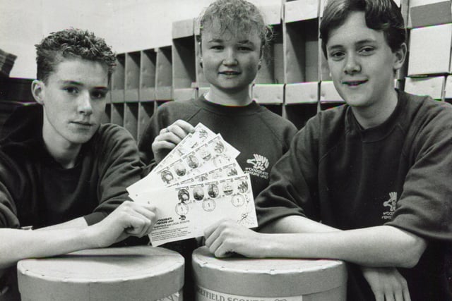 Mick Smith, Jane Francis and Liam Cartwright of Woodseats Venture Scouts getting ready for this year's Christmas post on November 25, 1989