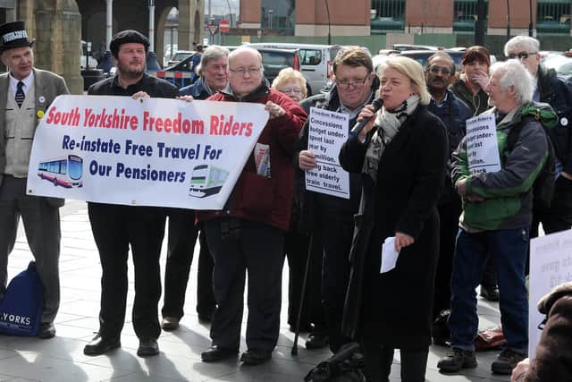 South Yorkshire Freedom Riders pictured during a rally outside Sheffield Train Station in March 2018.