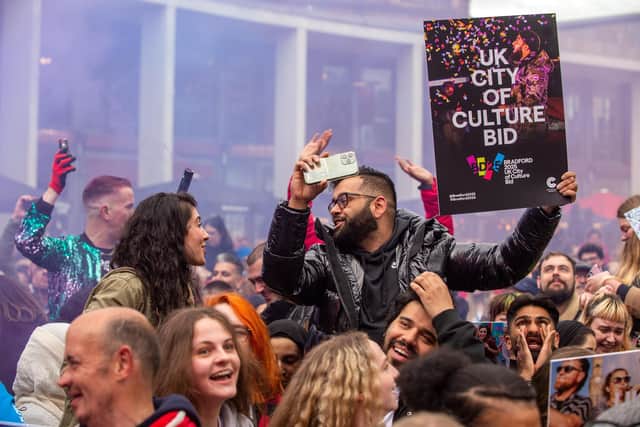 The moment Bradford find's out they have been awarded  'City of Culture 2025' in Centenary Square.
31 May 2022.  Picture Bruce Rollinson