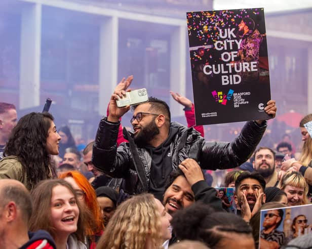 The moment Bradford find's out they have been awarded  'City of Culture 2025' in Centenary Square.
31 May 2022.  Picture Bruce Rollinson